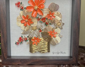 Coral Floral Jewelry Art 11x11 Framed Wall Art, Gold Flower Bouquet, Vintage Inspired Jewelry Art, Handmade Shadow Box Decor, One of a Kind
