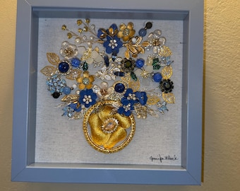 Blue & Gold Jewelry Art Shadowbox – Vintage Inspired Floral Bouquet