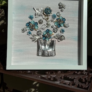 Turquoise Floral Jewelry Art | Vintage Upcycled Jewelry | 12x12 Framed Wall Decor | Handmade Gemstone Artwork | Elegant Home Accent