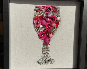 Rhinestone Wine Glass Jewelry Art, Pink Floral Shadowbox (12x12)