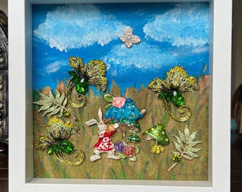 Whimsical Bunny Jewelry Art, Alice in Wonderland Garden Scene, Framed Nursery Decor