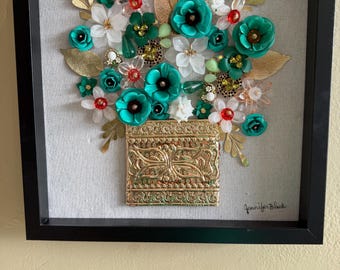 Handmade Floral Jewelry Art Shadowbox – Teal & White Vintage Bouquet