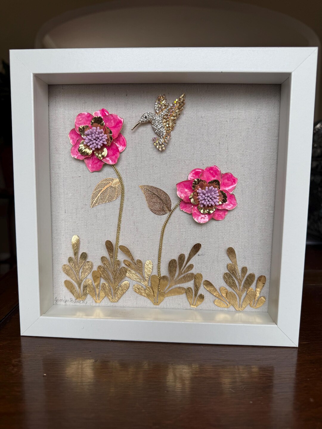 Handmade Pink Floral Hummingbird Shadow Box Art | Vintage Inspired ...