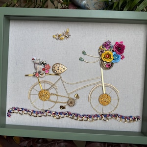 Vintage jewelry art, framed jewelry art, bike jewelry art, one of a kind, vintage style, flower basket, rhinestone jewelry design