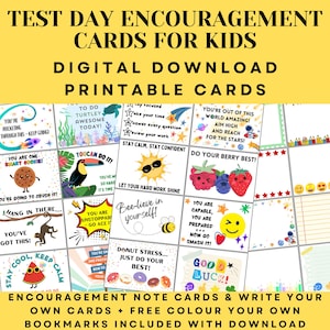 Schede motivazionali per bambini per il giorno del test - Schede di incoraggiamento - Stampabili - Download immediato