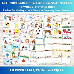 May include: A set of 60 printable lunchbox notes featuring colorful illustrations of animals, food, and other fun designs. The notes are designed for children who are learning to read and can be used to communicate with their parents or teachers.
