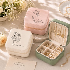 Personalized Birth Flower Jewelry Box, Custom Name Travel Jewelry Case, Bridesmaid Giftfor Her, BirthdayGift, Wedding Party Gift