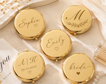 Personalized mini makeup mirror, custom letter pocket mirror, engraved floral makeup mirror, bridesmaid gift, wedding gift for her.