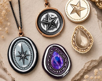Vintage Royal Wax Seal Stamp Collection, Crown, Compass Star, Gemstone & Starburst Seal Head, Wearable Pendant Charm