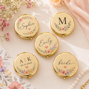 Personalized mini makeup mirrors, pocket mirrors with customizable names, printed makeup mirrors, wedding favors for bridesmaids.