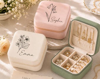 Personalized Birth Flower Jewelry Box, Custom Name Travel Jewelry Case, Bridesmaid Gift for Her, Birthday Gift, Wedding Party Gift