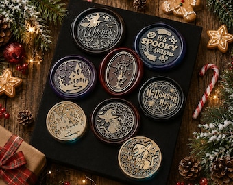 Halloween wax stamp set, witch's haunted house ghost season wax stamp heads, gothic wax stamps for Halloween invitations and gift wrapping.