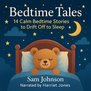 May include: A book cover titled Bedtime Tales: 14 Calm Bedtime Stories to Drift Off to Sleep by Sam Johnson, narrated by Harriet Jones. The illustration features a brown teddy bear sleeping in a bed under a dark blue night sky with stars and a crescent moon.