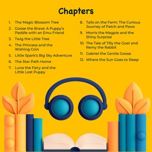 May include: A vibrant illustration featuring a list of children's book chapters, with titles like "The Magic Blossom Tree" and "Where the Sun Goes to Sleep." The image includes a pair of blue headphones, open book, and decorative leaves.