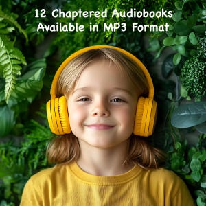 May include: A young child wearing yellow headphones and a yellow shirt smiles at the camera. The text above the child reads "12 Chaptered Audiobooks Available in MP3 Format". The background is a wall of green plants.