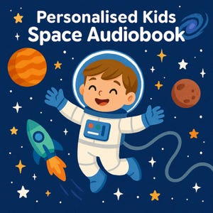 Livre audio personnalisé sur l'espace pour enfants - Histoire au coucher en MP3 avec le nom de l'enfant - 3 aventures dans l'espace - 1-8 ans