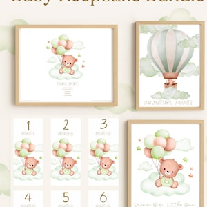 Beary Sweet Baby Keepsake Bundle – 15 modèles Canva modifiables | Cartes d'étape, statistiques de naissance, impressions pour chambre d'enfant | Cadeau bébé imprimable