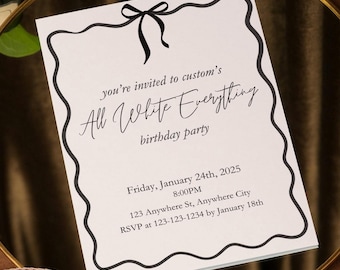 Elegant Black Bow Birthday Invitation: Minimalist Coquette Theme (Canva Download)