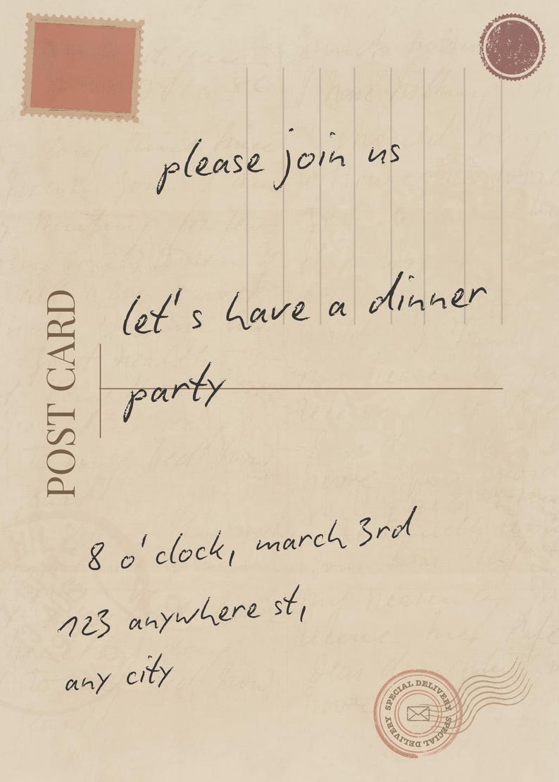 Puede incluir: Una postal vintage con una invitaci&oacute;n manuscrita a una cena. La invitaci&oacute;n dice "please join us let's have a dinner party 8 o'clock march 3rd 123 anywhere st, any city".