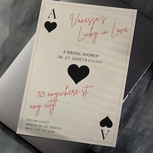 Chanceux en amour, reine de coeur, paire parfaite, faire-part de douche nuptiale, invitation, jeu de cartes, as inviter conception impression bachelorette personnalisé