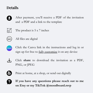 Puede incluir: Una descarga digital de una plantilla de invitaci&oacute;n imprimible. La plantilla mide 12,7 x 17,8 cm y se puede personalizar usando Canva. La descarga incluye un PDF de la invitaci&oacute;n y un enlace a la plantilla de Canva.
