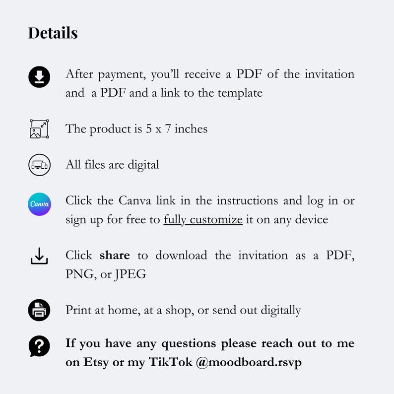 Puede incluir: Una descarga digital de una plantilla de invitaci&oacute;n imprimible. La plantilla mide 12,7 x 17,8 cm y se puede personalizar usando Canva. La descarga incluye un PDF de la invitaci&oacute;n y un enlace a la plantilla de Canva.