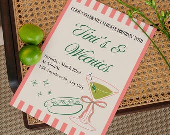 Invitación para fiesta de Tini's and Weenies, Martini, Tini, Hot Dog, rosa y verde, descarga instantánea digital, plantilla para tarjeta, cumpleaños, despedida de soltera