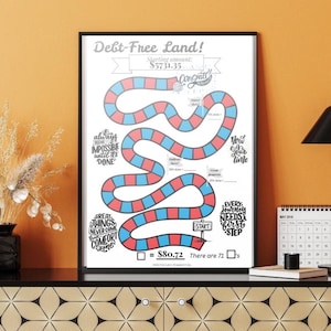 May include: A framed financial goal tracker with a board game design. The board features red and blue squares, with text that reads "Debt-Free Land!" and motivational quotes. A calendar and desk lamp are also visible.