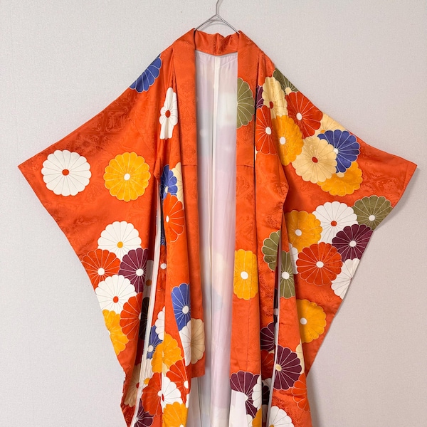 Vintage Japanese Orange Furisode Kimono Robe Gown Home decor