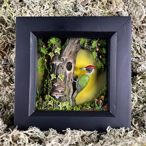 Peut inclure: Une œuvre d'art tridimensionnelle encadrée représentant un pic vert sur un tronc d'arbre. La scène comprend des champignons, du feuillage et un fond jaune, le tout dans un cadre noir. L'œuvre est détaillée et sur le thème de la nature.