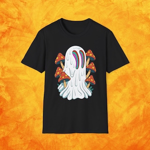Camiseta psicodélica con forma de hongo fantasma: camiseta de Halloween alucinante, ropa divertida y espeluznante para festivales rave, camiseta unisex, camiseta suave para Halloween