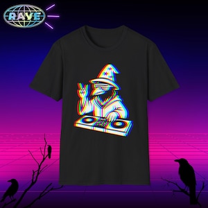 Ravin Raven DJ T-Shirt - Psychedelic Rave Bird Tee, EDM Festival Clothing, Funny DJ Deejay Neon Glow Party Shirt