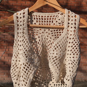 Bohemian Vintage Crochet Vest - Handmade Organic Cotton Yarn - Ecru off-white Color - XS Size - Stylish Women&#39;s Crochet Vest