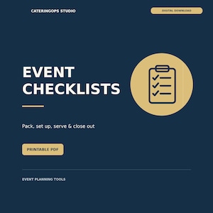 Paquete de listas de verificación para eventos de catering: PDF imprimible para embalaje, montaje, servicio y desmontaje.