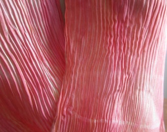 Shibori Hand Pleated Silk.  Pink, rose, cream, rose gold, soft red - Shibori ! -  hand painted,  long, Tall, 72" x 8", scarf, narrow wrap