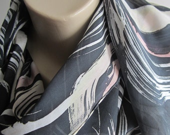 Silk Abstract. Tall, Long 72"  x 14"  Gray, grey, black, tones of beige, peach and Raspberry Swirls - hand painted silk scarf shawl wrap.