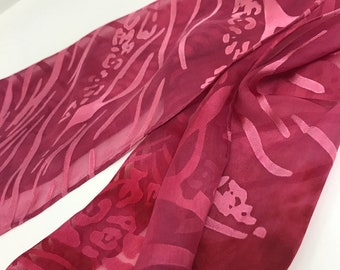 Red. Darkest Pink.  Devore - Burnout design on silk / rayon hand painted scarf.  Elegant. Funky 72”x14