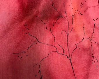 Valentine Red hand painted silk crepe de chine scarf - asian influence - delicate tree drawings. One of a kind. Wearable Art. Love You Gift