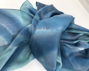 Wrap. Shawl. Scarf. 72" of elegant silk - hand painted. Blue tones, abstract. Teal, Light Blue. One of a Kind