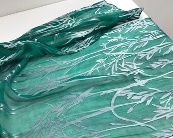 Devore Burn-Out Bamboo design in Lovely shades of Green.  Hand painted. Silk/Rayon shimmer