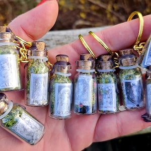 May include: A collection of small glass bottles with cork stoppers, filled with green moss and decorative labels. Each bottle is attached to a gold-colored keychain. The labels feature illustrations and text, creating a mystical aesthetic.