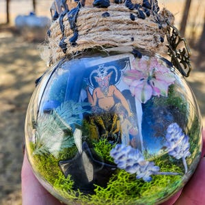 Terrarium de carte de tarot du diable inspiré du Capricorne avec mousse, cristaux et fleurs pressées, décor de carte de tarot, cadeau du zodiaque astrologie horoscope