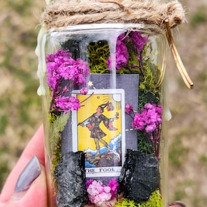 The Fool Tarot Card Terrarium: Moss, Dried Flowers & Tourmaline
