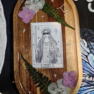 Libra Zodiac Trinket Tray Hand-Drawn Libra Goddess Art with Dried Flowers and Resin