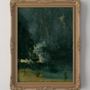 Pode incluir: Pintura emoldurada em estilo antigo, com uma paleta de cores verde escuro e dourado. A obra retrata uma paisagem abstrata, com foco na luz e sombra. A moldura dourada ornamentada adiciona um toque de elegância. Dimensões: aprox. 50 x 70 cm.