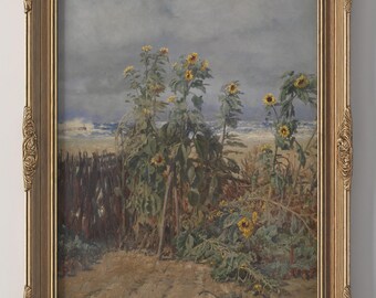 Vintage Sunflower Field Wall Art Rustic Farmhouse Landscape Print Country Cottagecore Decor Neutral Coastal Artwork Digital Download