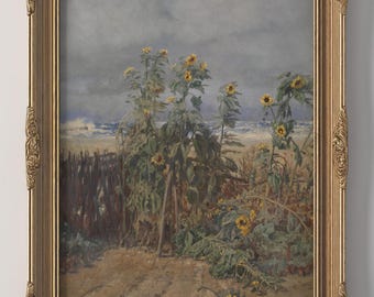 PRINTED Vintage Sunflower Field Wall Art Rustic Farmhouse Landscape Print Country Cottagecore Decor Neutral Coastal Artwork VPI-56