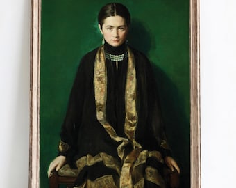 Antique Portrait Painting Printable Vintage Woman Wall Art Moody Wall Art Dark Green Decor Digital Download Classic Home Decor