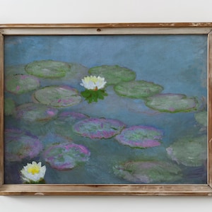PRINTED Vintage Water Lily Wall Art Blue Lily Pad Painting Print Impressionist Pond Artwork Monet Style Botanical Cottagecore Decor VPI-09