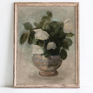 White Rose Wall Art Printable Vintage Floral Digital Download Shabby Chic Cottagecore Rose Botanical Print Antique Flower Decor Neutral Art